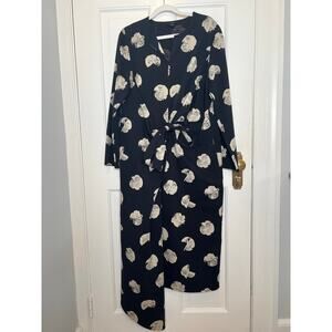 COS Asymmetrical Midi Dress Tie Wrap Floral Printed Black Cream Womens 10 V Neck